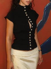 Black Turtleneck Short Sleeve Button Top