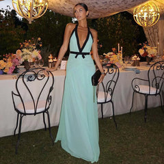 Contrast Trim Blue V-Neck Maxi Dress