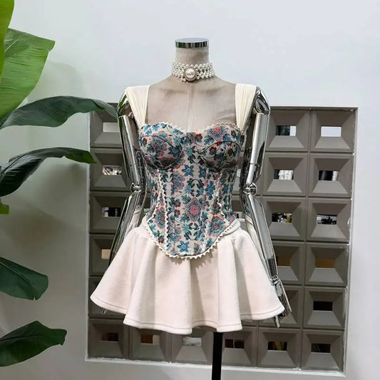 Embroidery Corset Strap Top And Mini Skirt Set