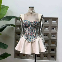 Embroidery Corset Strap Top And Mini Skirt Set