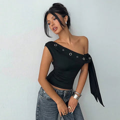 Asymmetrical Ribbon Metal Eyelet One-Shoulder Top