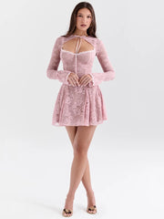 Pink Lace Sheer Long Sleeve Tie Up Neck Mini Dress