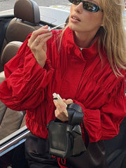 Red Ruched Stand Collar Jacket