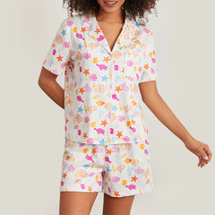Ocean Print Button T-Shirt and Elastic Shorts Loungewear Set