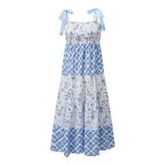 Strappy Tie-Up Smocked Printed Patchwork Maxi Dress