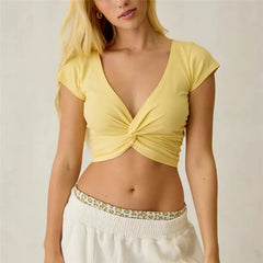 Polka Dot Deep V Front Twist Knot Crop Top