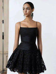 Black Pleated Strappy Lace Mesh Hem Mini Dress
