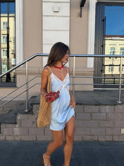 Blue Satin Lace Trim V-Neck Spaghetti Strap Mini Slip Dress