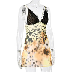 Yellow Leopard Print Lace V-Neck Mini Dress