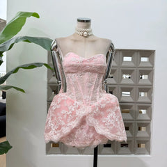 Strapless Lace Fitted Flared Mini Dress