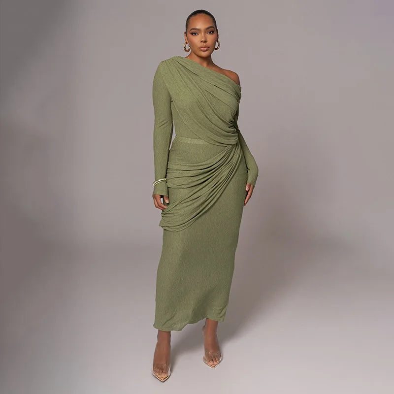 Draped Off-Shoulder Long Sleeve Top And Maxi Skirt Set Free From Label