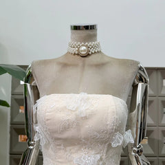 Beaded Tassel Hem Lace 3D Applique Strapless Mini Dress