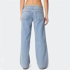Plaid Folded Waistband Low Rise Blue Denim Pants