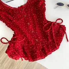 Red Polka Dot Lace Up Ruffle Sleeve Corset Top