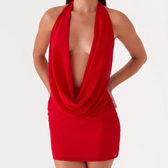 Red halter neck dress -full view