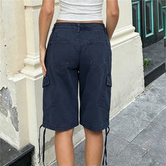 Low Waist Cargo Drawstring Knee Length Pants with Pockets