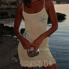 Yellow Knit Fringe Trim Mini Beaded Starfish Dress