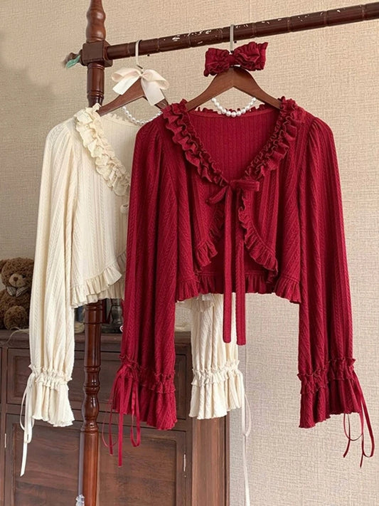 Ruffles V Neck Crop Bow Knitted Cardigan
