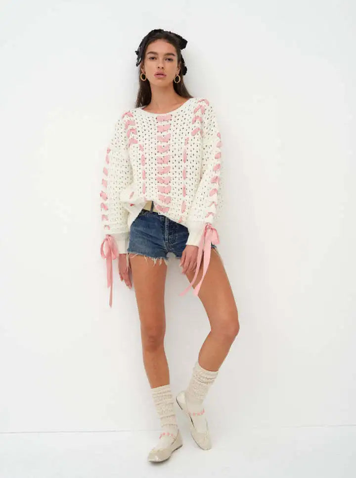 White Knit Pink Ribbon Lace Up Sweater