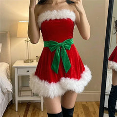 Red Velvet Strapless Santa White Faux Fur Hem Green Bow Belt Mini Dress
