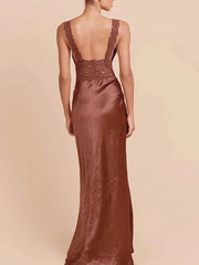 Brown Lace Patchwork Satin Strap Maxi Dress