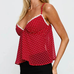 Polka Dot Lace Trim V Neck Babydoll Crop Top