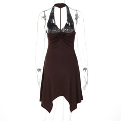 Halter V‑Neck Twist Backless Irregular Hem Mini Dress
