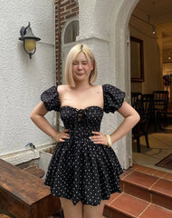 Black Polka Dot Off-Shoulder Puff Sleeve A-Line Mini Dress