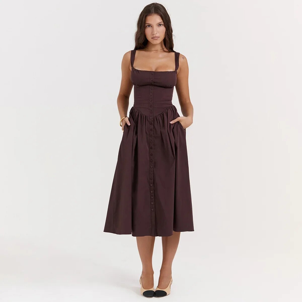 Brown Buttoned Strap Midi Dress - Free From Label