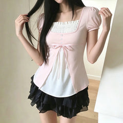 Contrast Color Square Neck Puff Sleeve Bow Babydoll Blouse