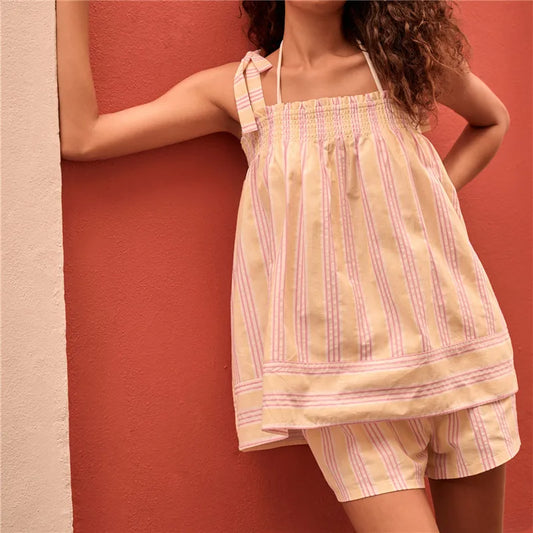 Vertical Stripe Tie Shoulder Top And Shorts Pajama Set