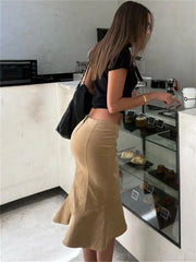 Embrodied Brown Pencil Midi Skirt
