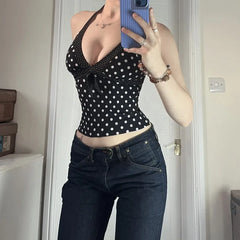 Black Polka Dot Deep V Neck Crop Top