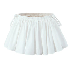 White Side Bow Elastic Low Waist A-lined Ruched Mini Umbrella Skirt