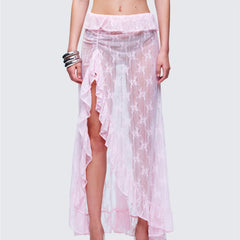 Pink Sheer Asymmetrical Lace Ruffle Midi Skirt