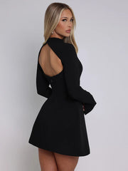 Mock Neck Long Sleeve Solid Backless Mini Dress