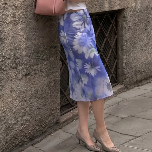 Blue Flower Printed Mesh Midi Skirt