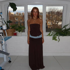 Brown Contrast Waist Cinched Strapless Long Dress