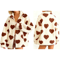 Heart Print Fuzzy Fleece Zip Up Jacket