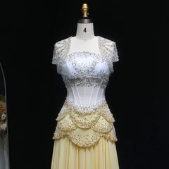 Cape Sleeve Chiffon Tiered Petals Sequined Pearl Embellished Gown