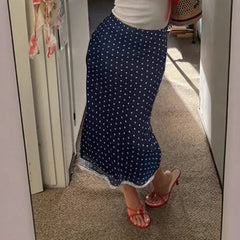 Blue Polka Dot Lace Trim Midi Skirt
