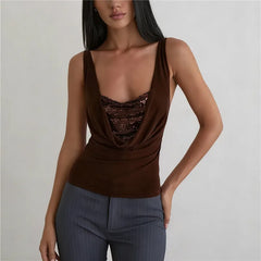 Sequin Draped Cowl Neck Tank Top