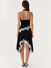 Black Halter Lace Trim Irregular Hem Midi Dress