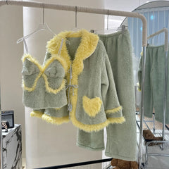 Yellow Fur Trim Fleece Three-Piece Sleepwear Set