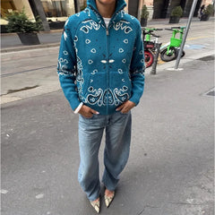 Paisley Knitted Zipper Stand Collar Cardigan Sweatshirt