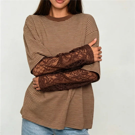 Striped Mock Lace Long Sleeve Underlayer T-shirt