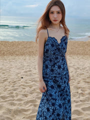 Blue Floral Embroidery Midi Dress