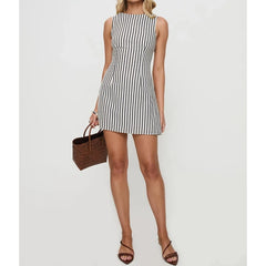 Striped Print Sleeveless Boat Neck Mini Dress