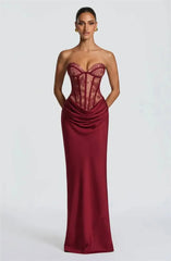 Strapless Lace Corset Satin Drape Maxi Dress