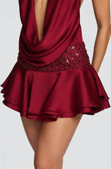 Satin Deep Neck Halter Glitter Ruffle Hem Mini Dress